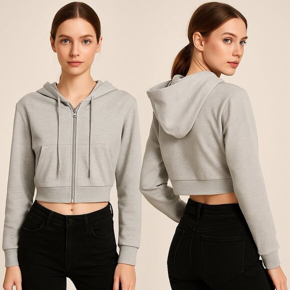 SHEIN EZWEAR Women’s Light Gray Cropped Zip-Up Hoodie – Size Small ✨🩶🧥 - Picture 1 of 11